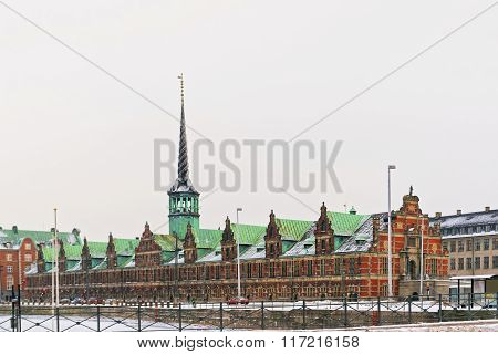 Borsen (The Stock Exchange) is a historic building on Slotsholmen. Slotsholmen is an island in harbor of Copenhagen Denmark. The building now serves as headquarters for Danish Chamber of Commerce.