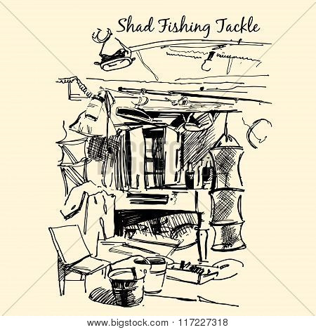 Fishing tackle. Drawing on paper vector.