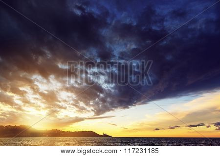 Sunset over Piran, Slovenia, view from Strunjan