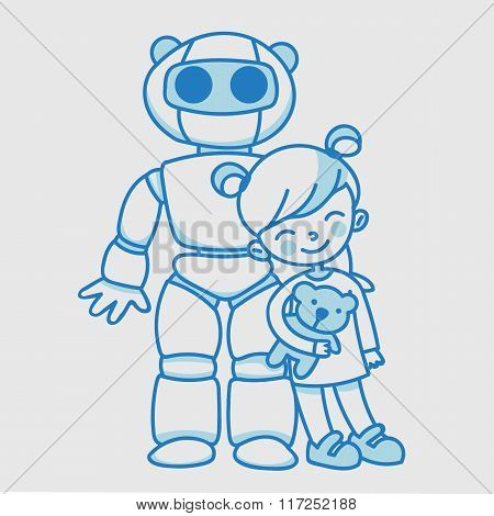 Little Linear Girl With Domestic Educational Robot
