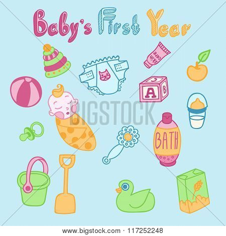 Set Of Vector Lovely Editable Hand Drawn Objects For Baby Care