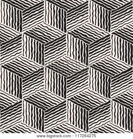 Vector Seamless Black And White Hand Painted Line Geometric Stripes Cube Pattern