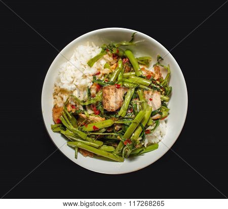 Fried Morning Glory With Crispy Pork