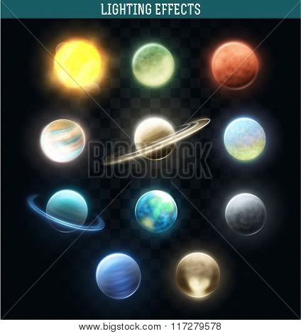 Set realistic bright planets. Light cosmic effects. Solar system. Space