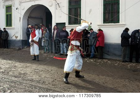 People In Traditional Costumes Celebrating The Winter Carnival