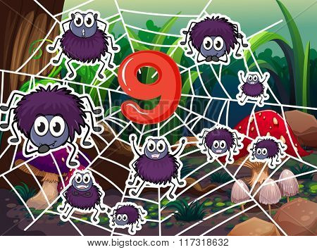 Number nine with nine spiders on web illustration