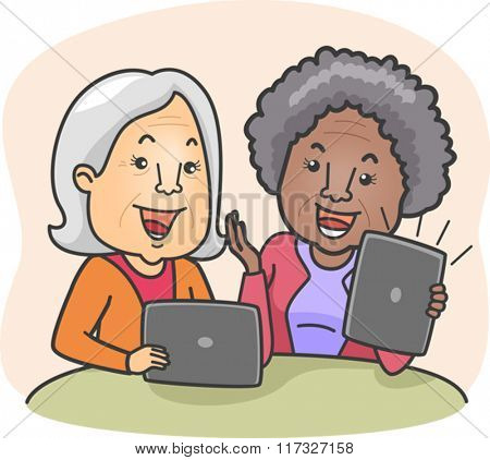 Illustration of Elderly Women Discussing What They are Watching on Their Tablets