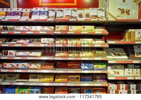 GENEVA, SWITZERLAND - SEPTEMBER 18, 2015: interior of Migros supermarket. Migros is Switzerland's largest retail company, its largest supermarket chain and largest employer
