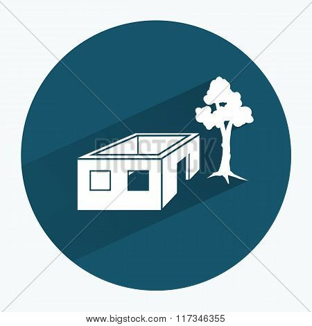 House icon. Unfinished building without roof. Ownerless incomplete, tree symbol. Round sign with lon