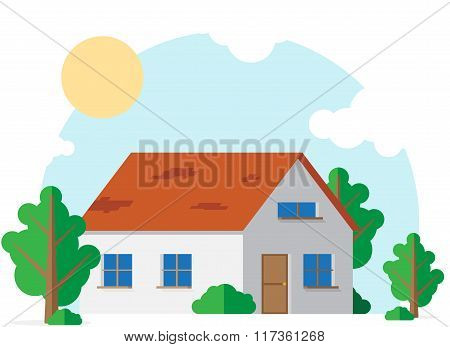 Country house in a circle of trees and shrubs