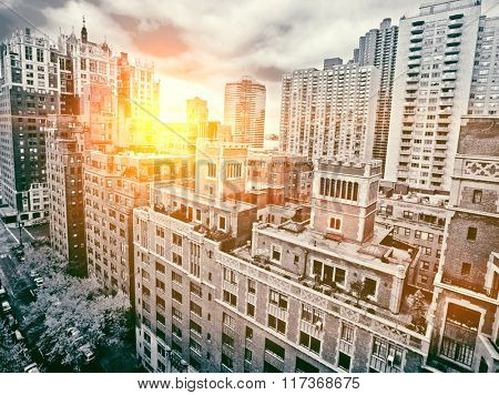 Traditional red brick apartments in Manhattan New York sunset