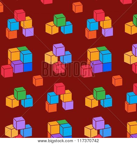 Seamless pattern with cubes. Perspective view colored geometric symbols on red-brown background. Vec