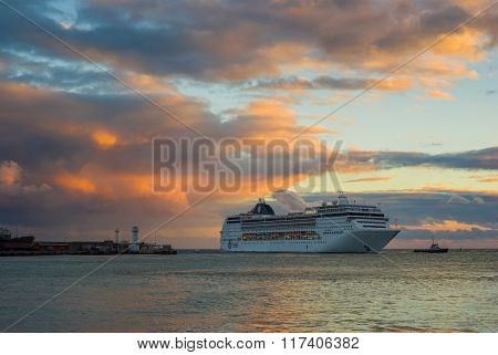 Big oceanic ship calling at Yalta port at fall season