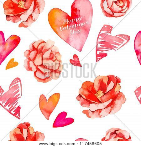 Valentines day background.Seamless pattern of hearts and roses. Camellia. Vector.