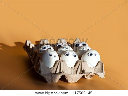 eggs with false eyes in a cardboard container