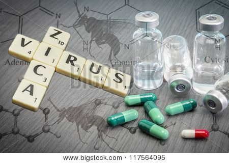 Zica virus, written in letters wood, concept health remedy