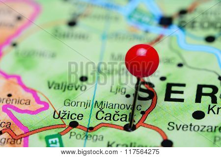 Cacak pinned on a map of Serbia