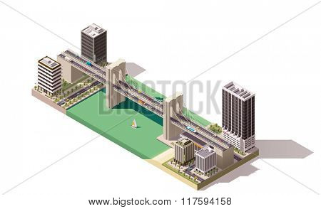 Isometric city map with river and bridges