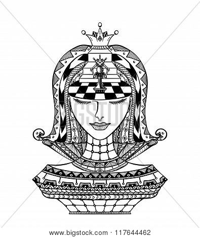 Chess Zen tangle Girl with crown  black on white.  Concept as a pawn became queen or  for coloring page or coloring book or on avatar  or for decoration clothes or  accessories or different things