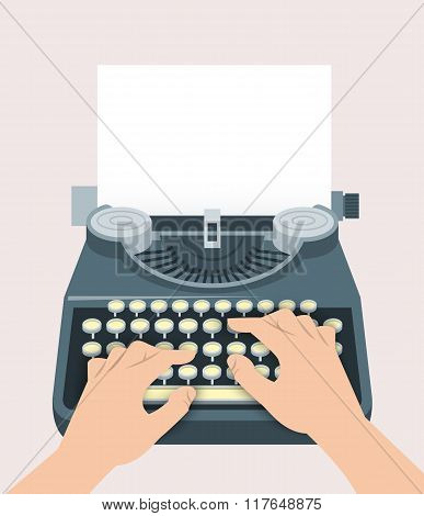 Retro Manual Typewriter With Printing Hands And Sheet Of Paper