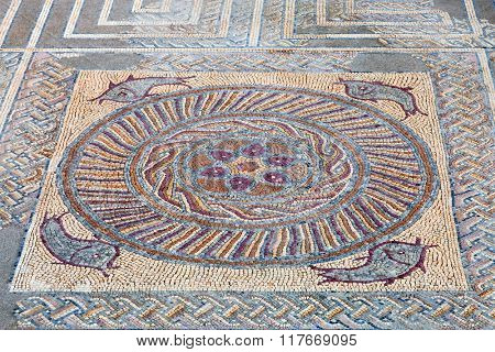 Close-up of a decorative Roman tessera mosaic pavement in the peristyle of the House of Fountains. Conimbriga in Portugal, is one of the best preserved Roman cities on the west of the empire.