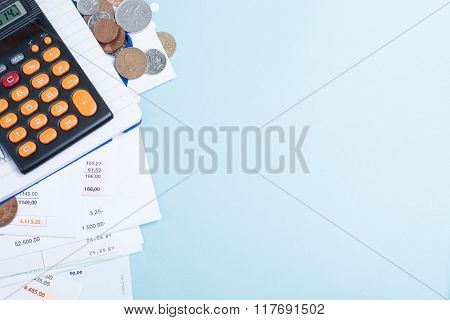 Mortgage And Utility Bills, Coins And Calculator, Copy Space