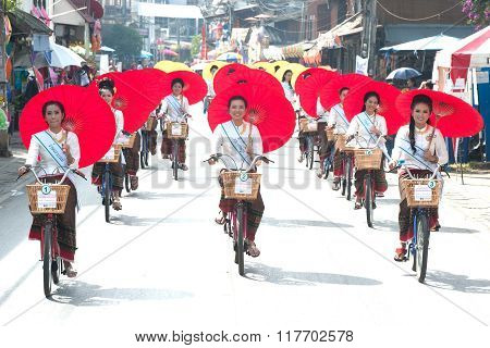 Pretty Woman In Parade,Umbrella Festival In Thailand.