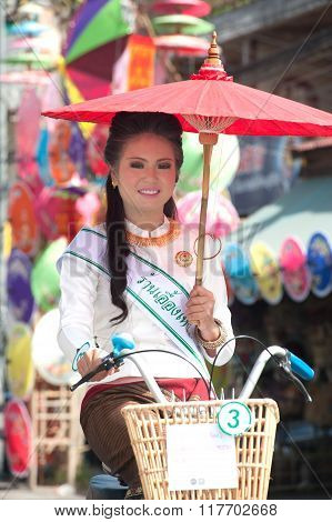 Pretty Woman In Parade,Umbrella Festival In Thailand.