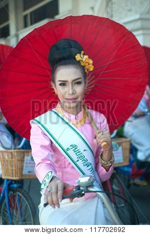 Pretty Woman In Parade,Umbrella Festival In Thailand.