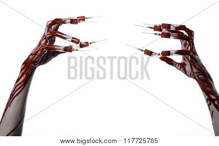 Bloody Hand With Syringe On The Fingers, Toes Syringes, Hand Syringes, Horrible Bloody Hand, Hallowe