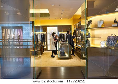 HONG KONG - JANUARY 26, 2016: design of Fendi store at Elements Shopping Mall. Fendi is an Italian luxury fashion house.