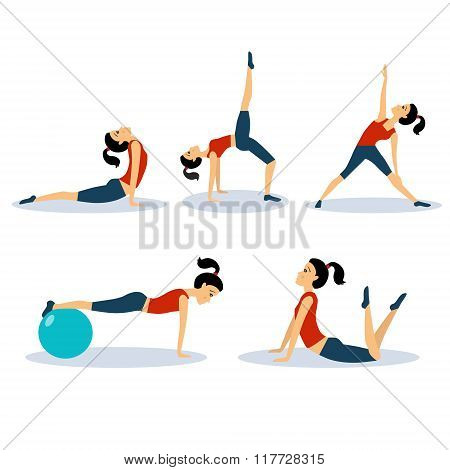 Fitness Women Workouts Set. Vector Illustration Set