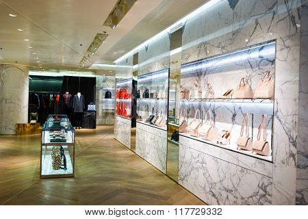 HONG KONG - JANUARY 26, 2016: design of Givenchy store in Hong Kong. Givenchy is a luxury French brand of haute couture clothing, accessories and, as Parfums Givenchy, perfumes and cosmetics.