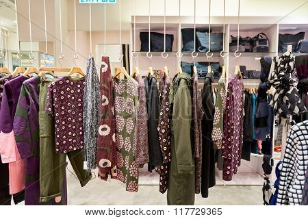 HONG KONG - JANUARY 26, 2016: interior of Marimekko store. Marimekko is a Finnish company based in Helsinki that has made important contributions to fashion, especially in the 1960s