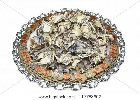 Crumpled Dollar Surrounded By Coins