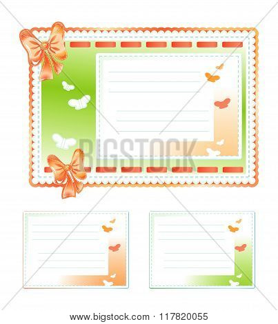 Set Of Gift Cards. Made Of Cloth With Bows And Butterflies