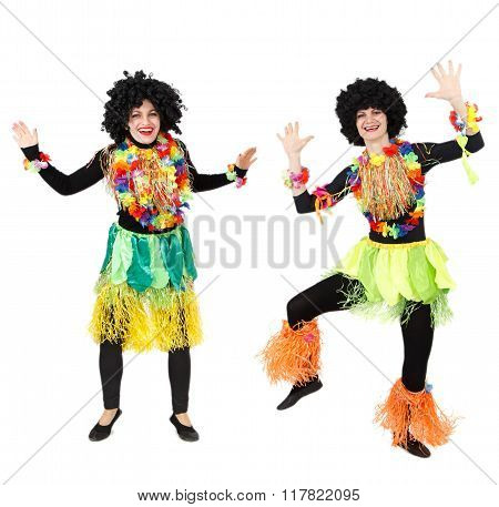Two Female Papuans In Native Costumes Dancing Isolated On White