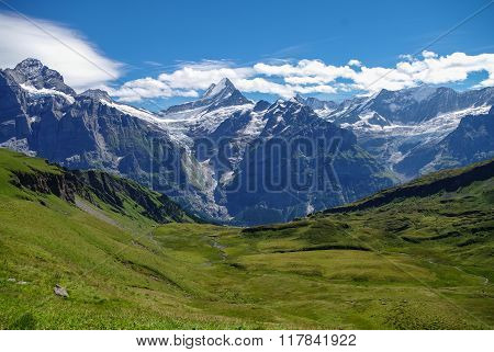 Sunny Day View To The Mountains Vally From Top Of Mannlichen (jungfrau Region, Bern, Switzerland)