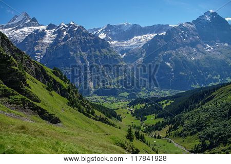 Sunny Day View To The Mountains Vally From Top Of Mannlichen (jungfrau Region, Bern, Switzerland)