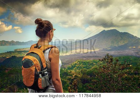 Beautiful sunset over the island of Bali Agung volcano on the background. Indonesia