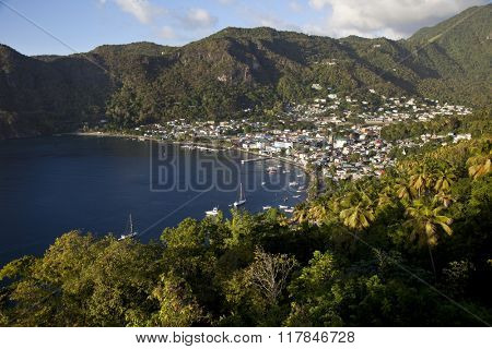 The historic city of Soufriere sits at the base of the Pitons in St. Lucia.
