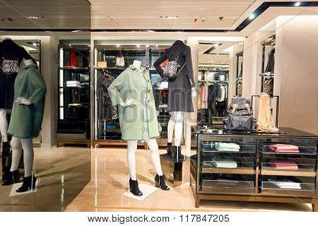 HONG KONG - JANUARY 27, 2016: interior of Burberry store. Burberry Group plc is a British luxury fashion house, distributing outerwear, fashion accessories, fragrances, sunglasses, and cosmetics.