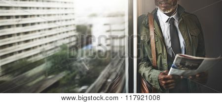 Business Man Read Newspaper Standing Concept