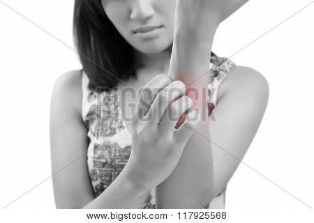 Woman Scratching Her Arm, Isolate On White Background
