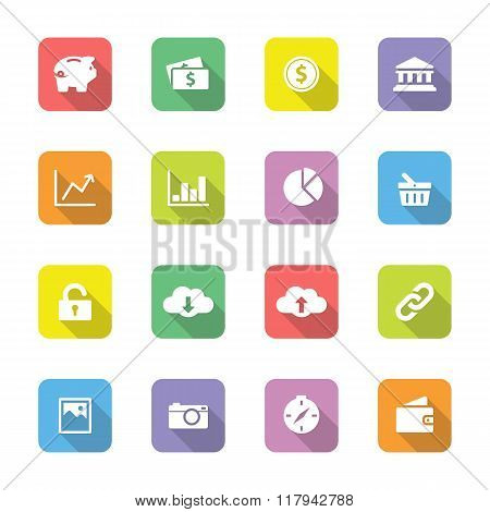 colorful web icon set 4 on rounded rectangle with long shadow