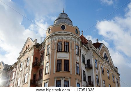 The view of former Hotel Bristol from Philharmonic square on December 2 in Chernivtsi,Ukraine