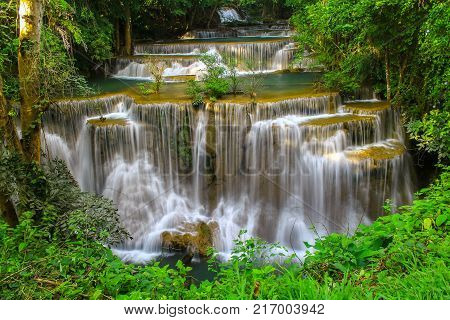 Huai Mae Khamin Waterfall Beautiful in the middle of rainforest Kanjanaburi Thailand