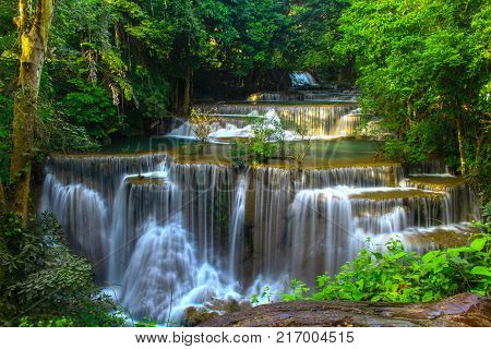 Huai Mae Khamin Waterfall Beautiful in the middle of rainforest Kanjanaburi Thailand