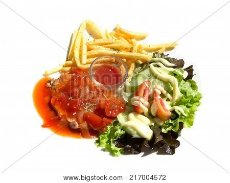 Pork Steak  In Tomato Sauce With Salad And  French Frie