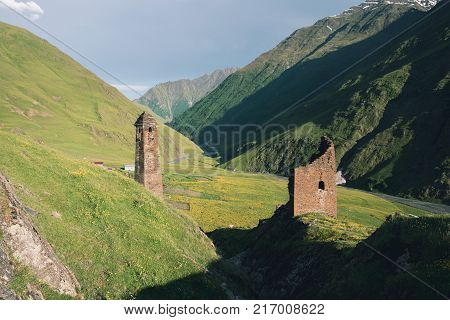 Georgian Defensive Towers In The Mountain Village Omalo At Sunrise. Traditional Architecture In Geor